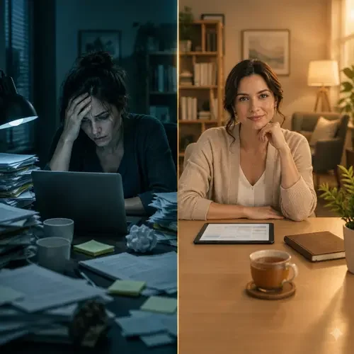 Before and after: overwhelmed session planning versus a clear, ready-made arc