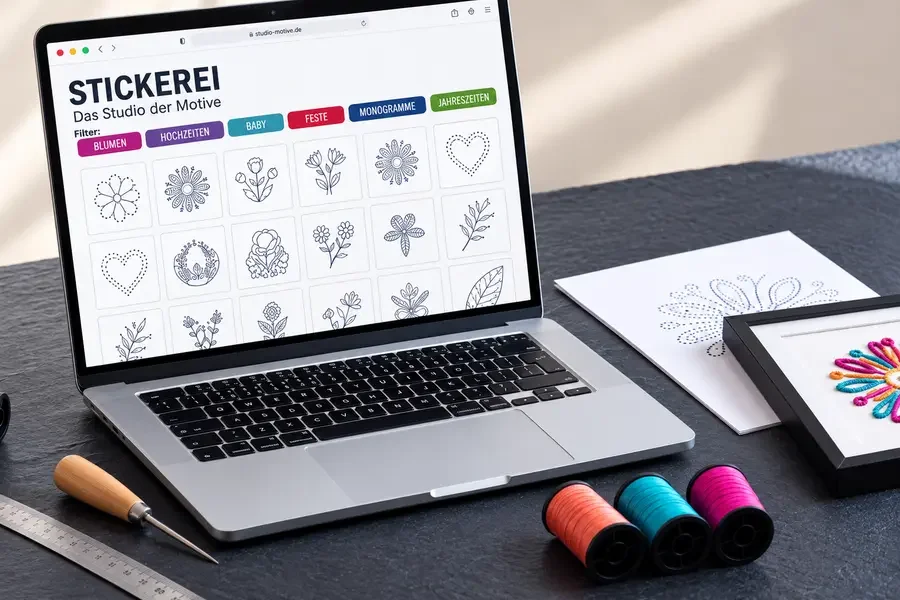 Das Muster-Studio – die PINHOLE-App auf einem Laptop mit Designbibliothek und Filtern