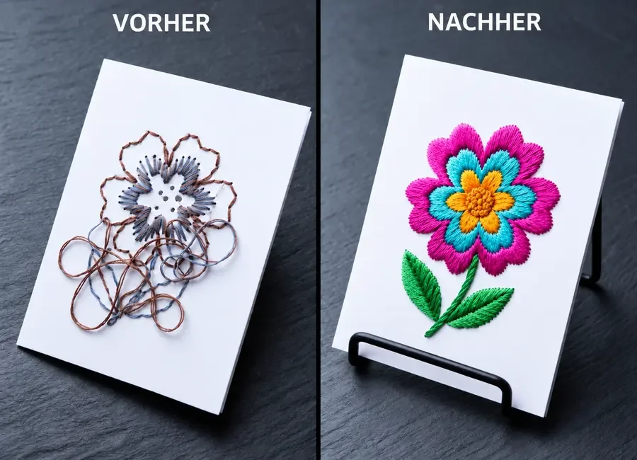 Vorher und nachher: vom frustrierenden Fehlversuch zum schönen fertigen Papierstick-Stück