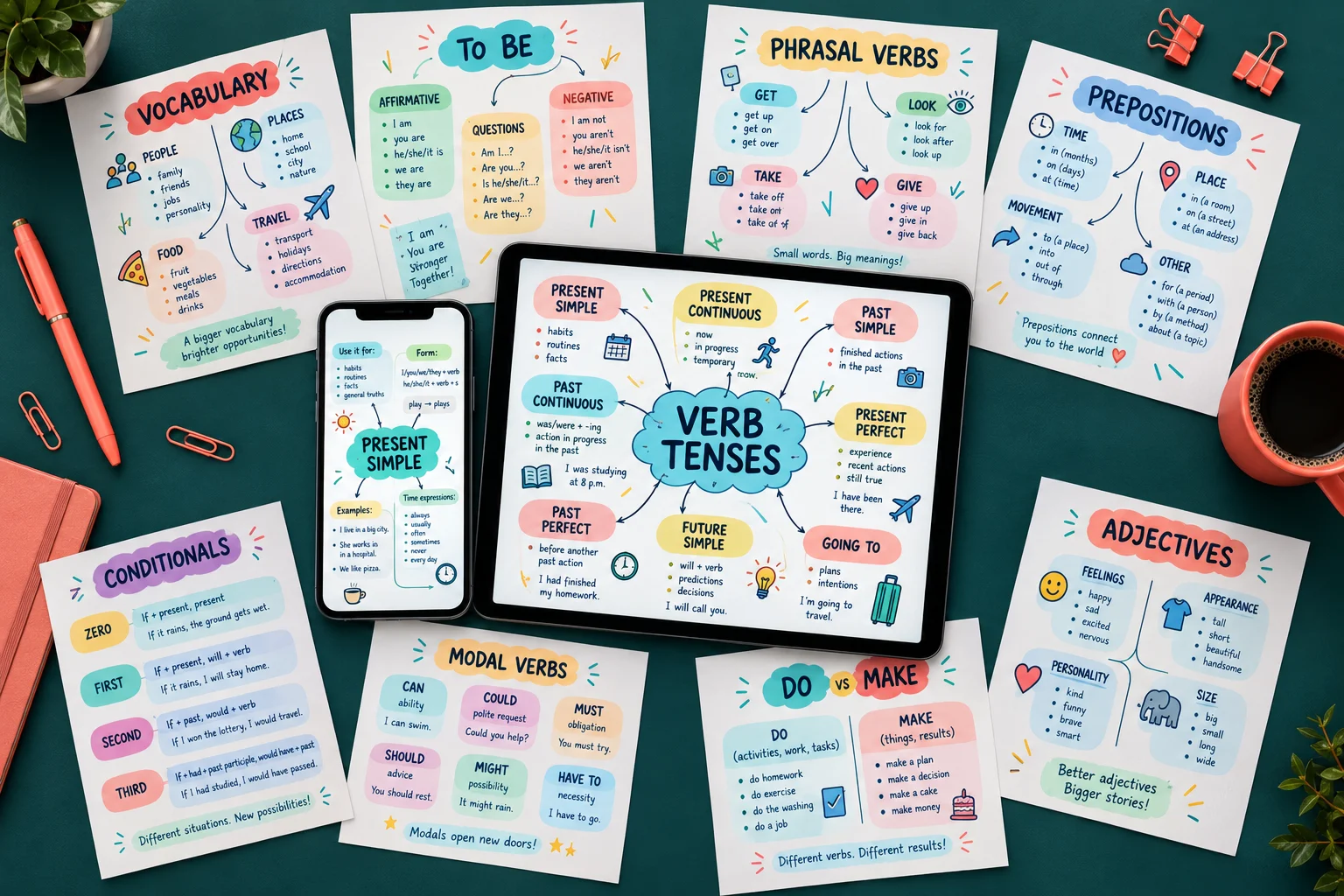 +300 mapas visuales de inglés dispuestos como una ruta, con celular y tablet