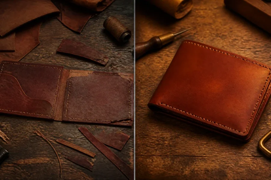 Finished leather wallet and bag next to their printed patterns