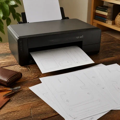 Leather pieces cut from a printed pattern on a workbench