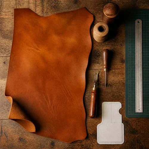 Hands stitching a leather wallet with saddle stitch