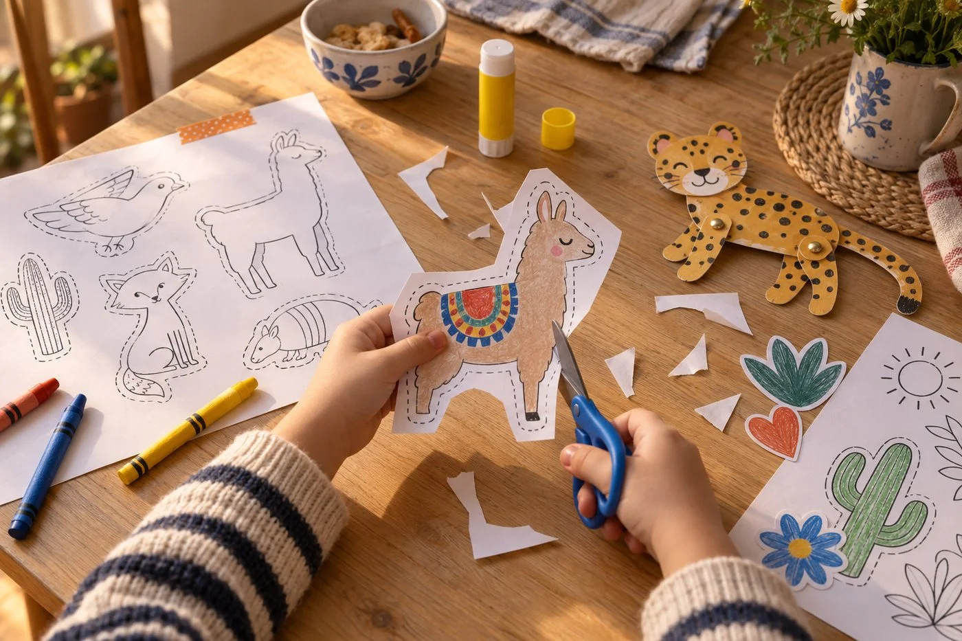 Manos de un chico recortando una llama de papel sobre la mesa de la cocina
