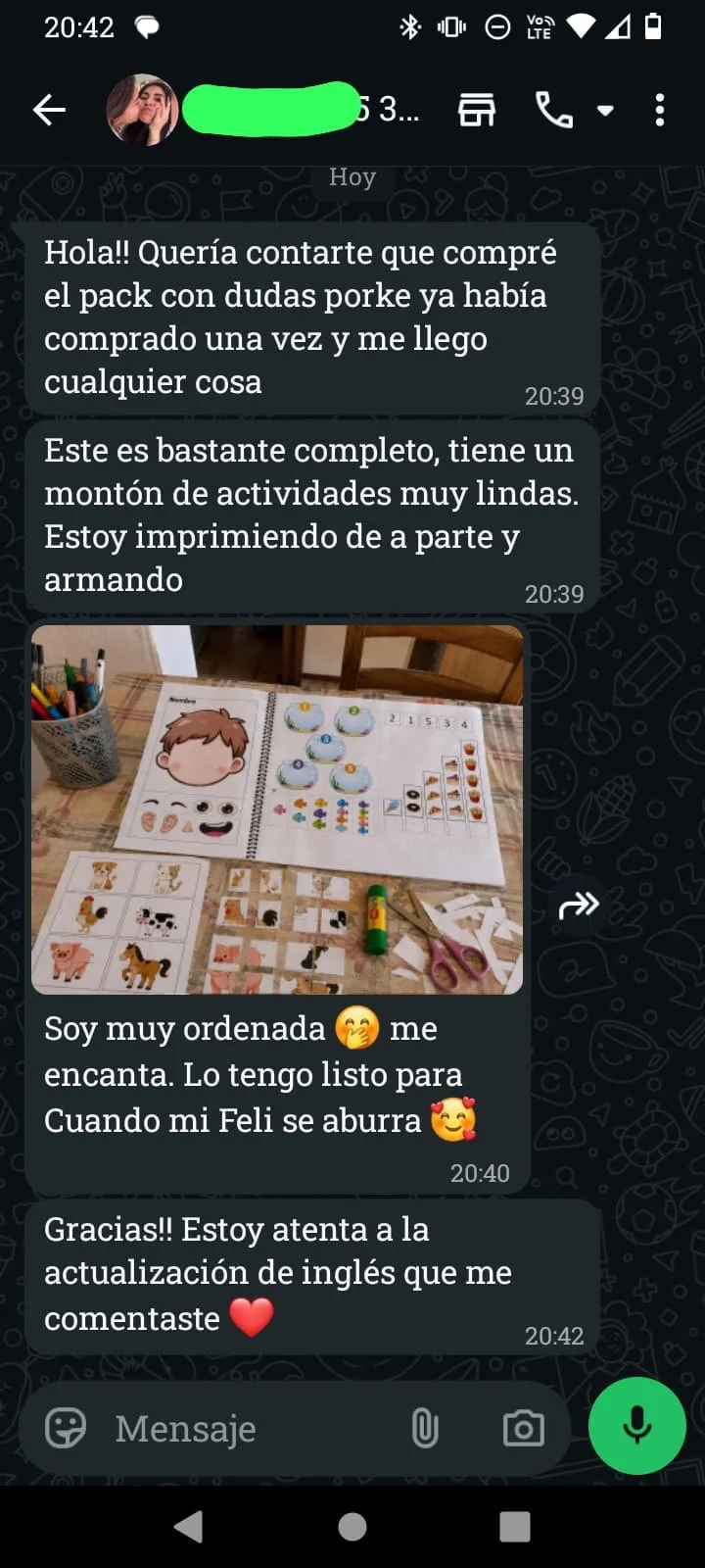 Mensaje de una persona que organizó sus comidas con el planificador