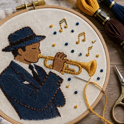 Painted piece being finished with embroidery stitches