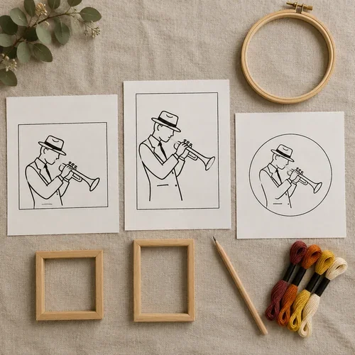 Printed patterns in three sizes next to a hoop and two frames