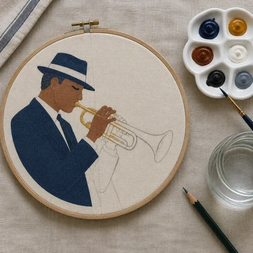 Pattern traced onto fabric and half painted, with brush and paint palette
