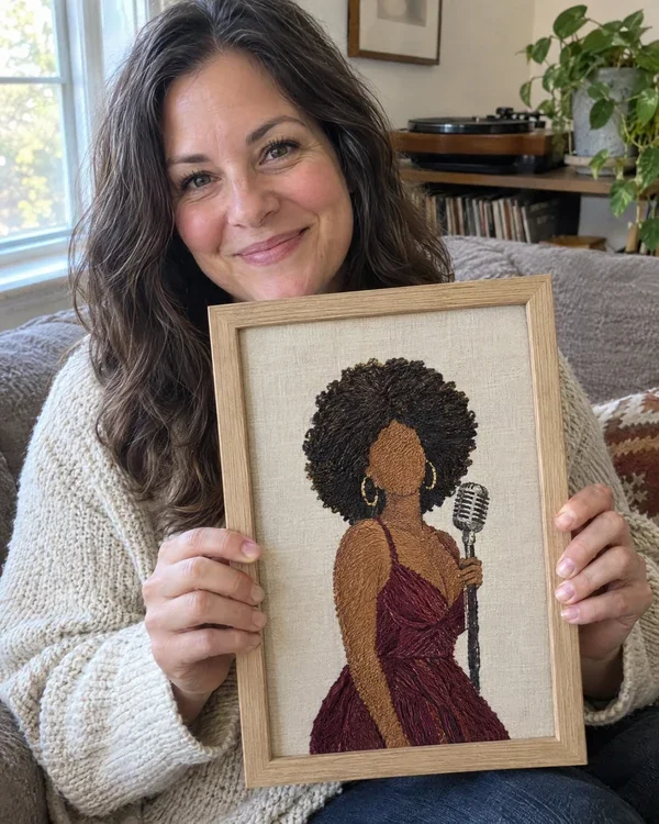 A woman holding up her finished framed portrait in her living room