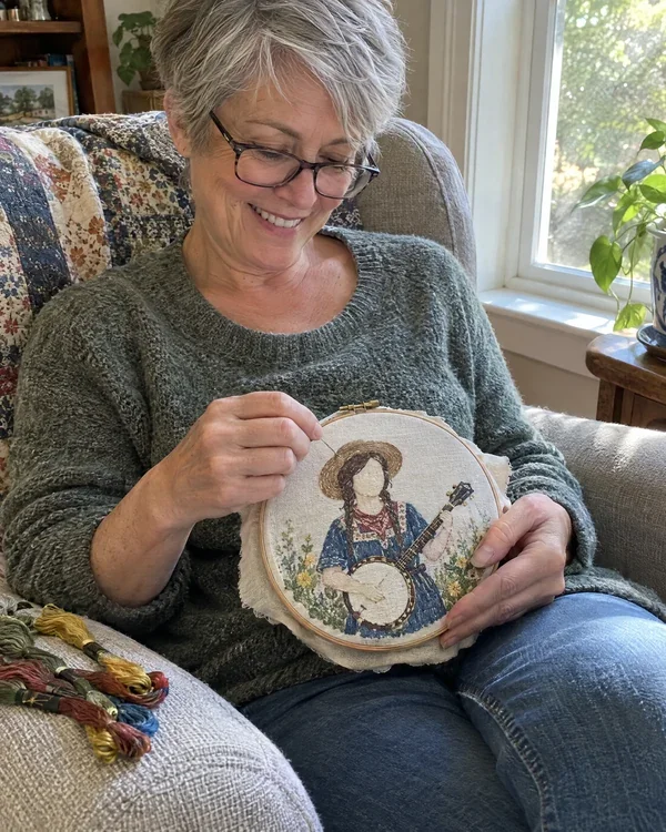 A woman stitching a hoop in a sunlit armchair