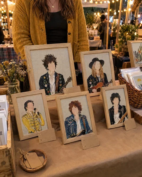 Framed portraits displayed at a craft market stall