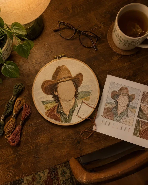 A half-stitched hoop on a kitchen table at night with tea