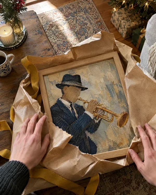 A framed portrait being unwrapped as a gift