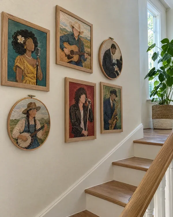 A staircase gallery wall of framed portraits