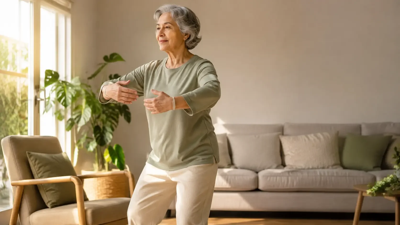 Persona mayor practicando tai chi suave en su living
