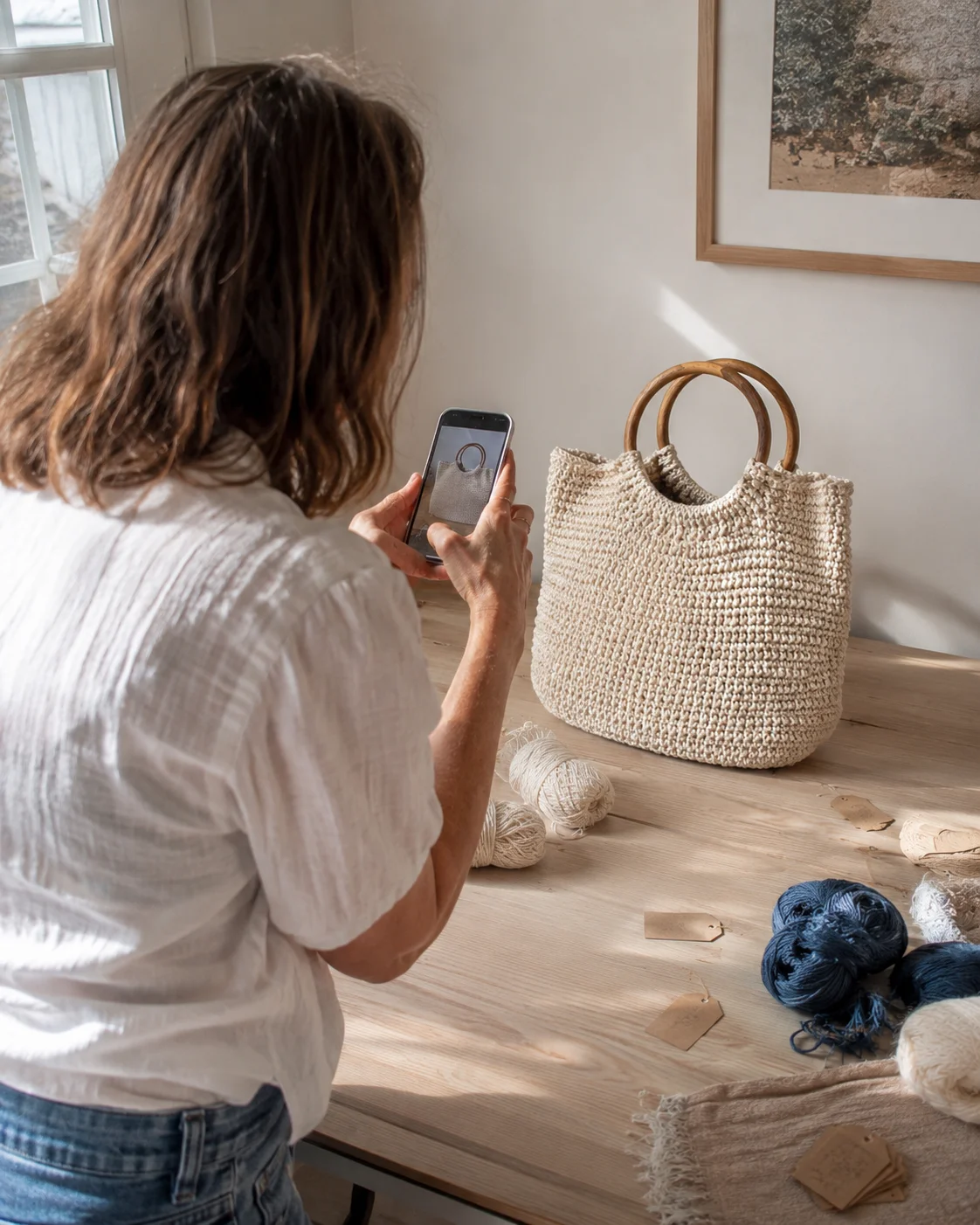 Photographing a finished crochet beach bag to list it
