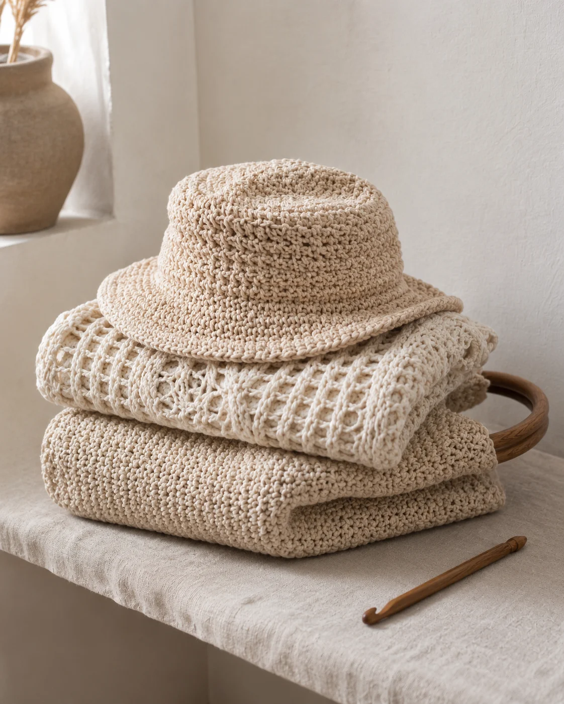 A collection of finished crochet beachwear pieces