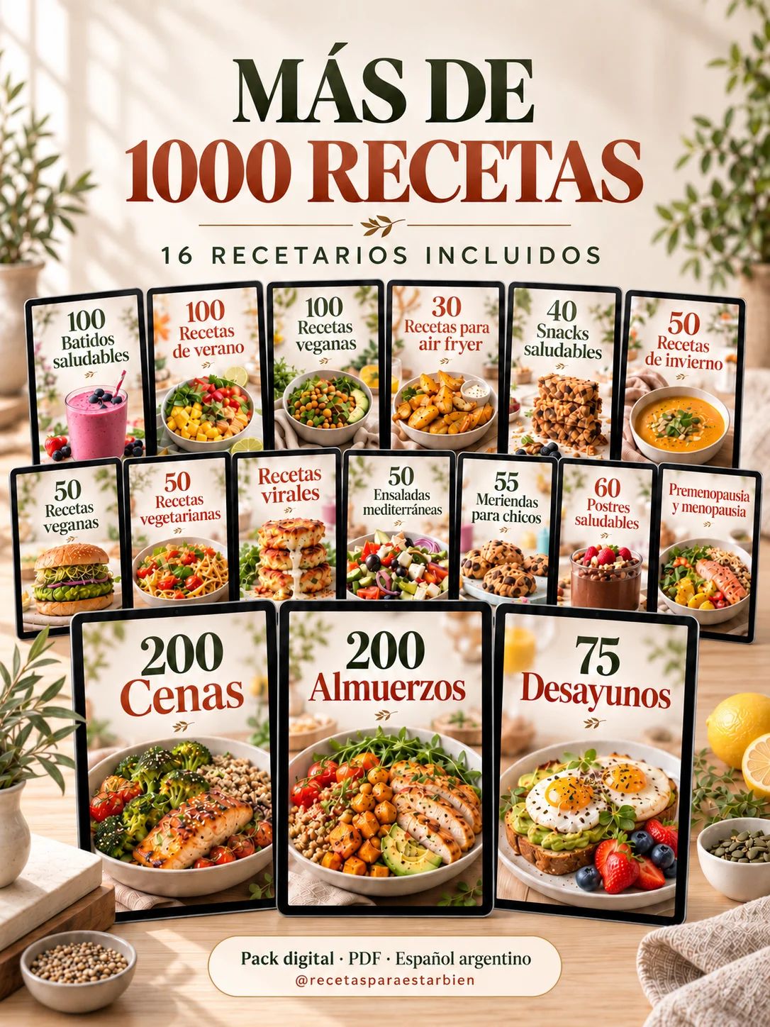 Pack de 16 recetarios con 200 cenas, 200 almuerzos y 75 desayunos